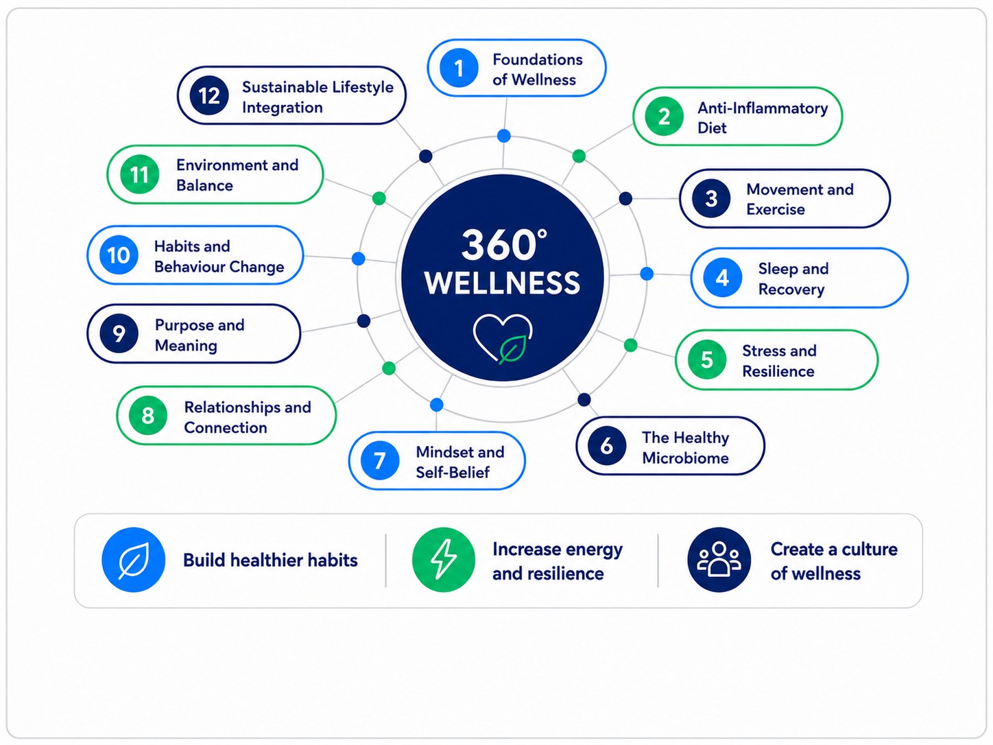 360&deg; Wellness: a complete 12-session programme. The twelve modules are Foundations of Wellness, Anti-Inflammatory Diet, Movement and Exercise, Sleep and Recovery, Stress and Resilience, The Healthy Microbiome, Mindset and Self-Belief, Relationships and Connection, Purpose and Meaning, Habits and Behaviour Change, Environment and Balance, and Sustainable Lifestyle Integration. The programme helps individuals and teams build healthier habits, increase energy and resilience, and create a culture of wellness.